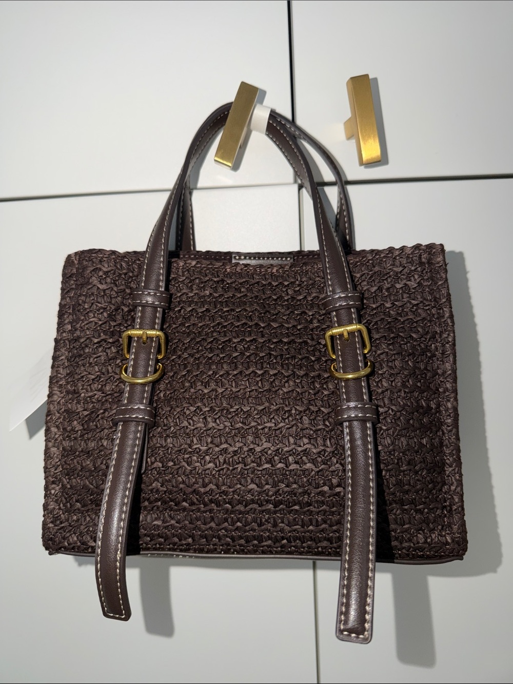Zara Brown Woven Tote with Leather Straps